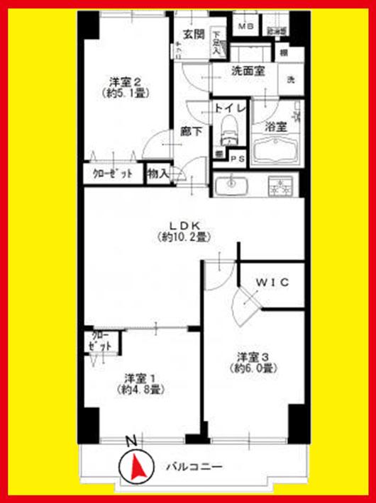 Floor plan. 3LDK, Price 36,900,000 yen, Occupied area 59.92 sq m , Balcony area 6.27 sq m