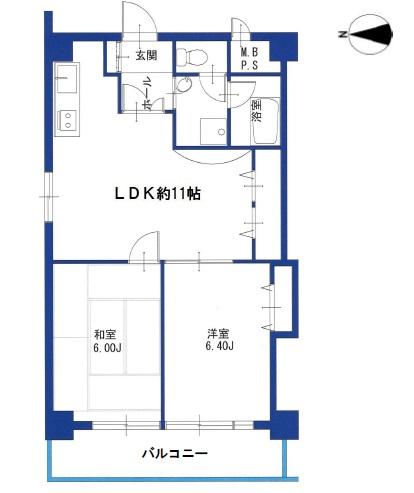 Floor plan. 2LDK, Price 26.5 million yen, Footprint 53.7 sq m , Balcony area 7.34 sq m