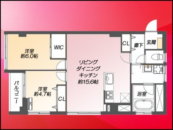 Floor plan. 2LDK, Price 32,900,000 yen, Occupied area 63.14 sq m , Balcony area 3.61 sq m