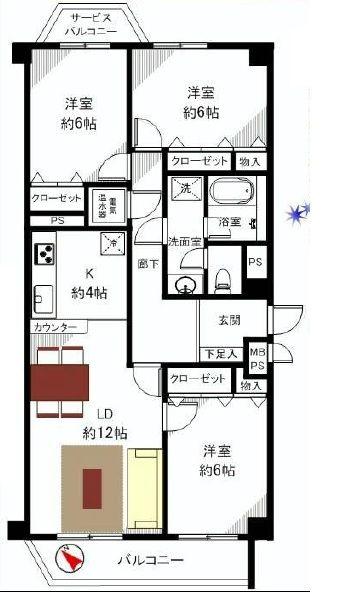 Floor plan. 3LDK, Price 38,800,000 yen, Occupied area 79.38 sq m , Balcony area 6.54 sq m