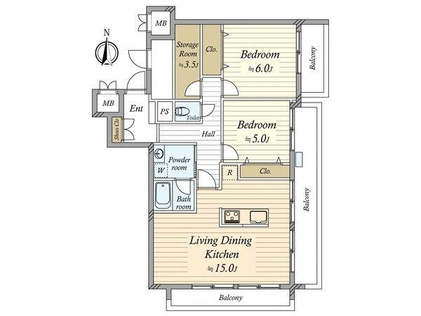 Floor plan. 2LDK+S, Price 43,800,000 yen, Occupied area 71.58 sq m , Balcony area 15.85 sq m spacious living