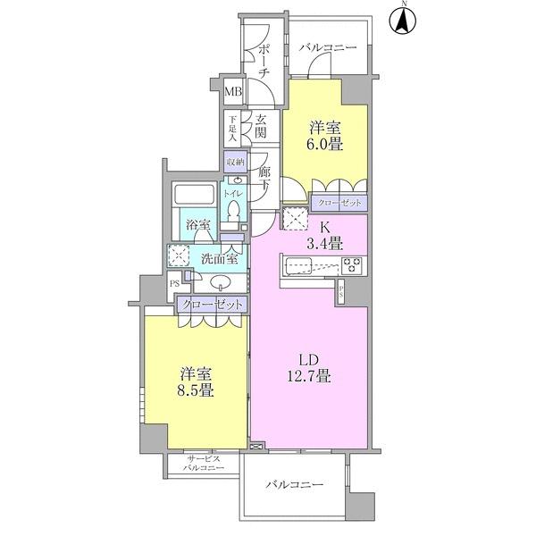 Floor plan. 2LDK, Price 62 million yen, Occupied area 68.62 sq m , Balcony area 11.09 sq m