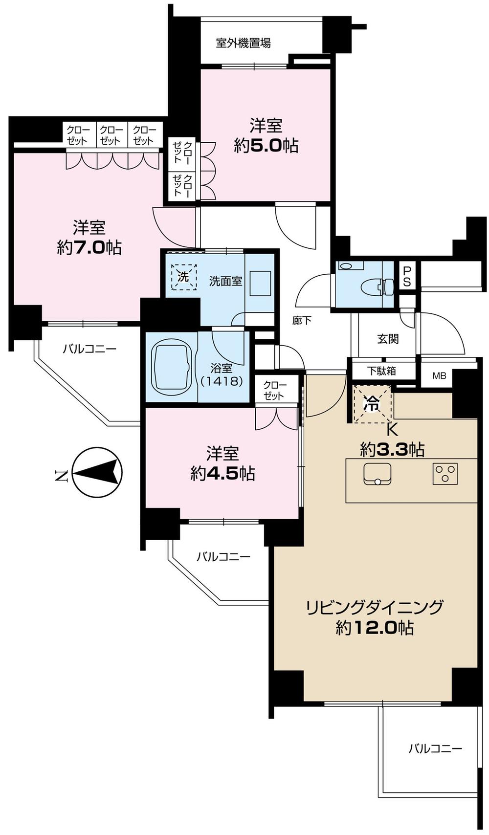 Floor plan. 3LDK, Price 64,900,000 yen, Occupied area 73.17 sq m , Balcony area 10.77 sq m