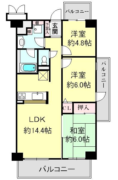 Floor plan. 3LDK, Price 41,500,000 yen, Occupied area 68.57 sq m , Balcony area 15.78 sq m