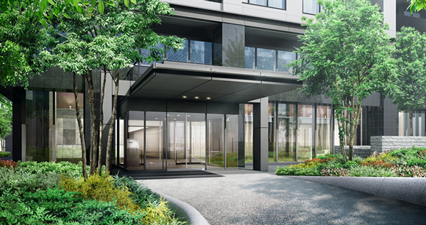 Features of the building.  [Entrance Rendering] To appear and passing between the trees, Chic main entrance to the aluminum canopy has become accent. A beautiful green and the entrance hall overlooking the glass curtain wall over the outer groove, It makes you feel comfortable continuity.