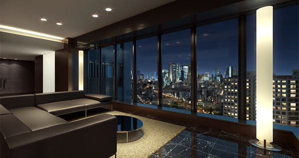 Features of the building.  [Sky Lounge Rendering] 23 floor to the, Established the Sky Lounge. Space of rest that can outlook the Shinjuku downtown night scene, It features an open lounge and private private room.  ※ Sky Lounge Rendering is CG synthesis building Rendering of the drawings of the planning stage was raised to draw based on the lookout pictures from local 23-floor equivalent (2013 August shooting) ・ Which was processed, In fact a slightly different.