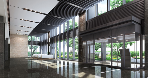 Features of the building.  [Entrance Hall Rendering] On the first floor is, Established the entrance hall full of a feeling of opening of the two-layer Fukinuki which realized ceiling height of about 5.6m. From the lounge part which arranged the concierge counter, You can admire the beautiful green of the outside groove to the glass curtain wall over.