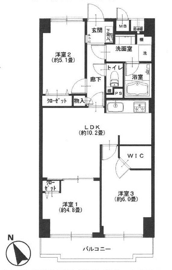 Floor plan. 3LDK, Price 36,900,000 yen, Occupied area 59.92 sq m , Balcony area 6.27 sq m