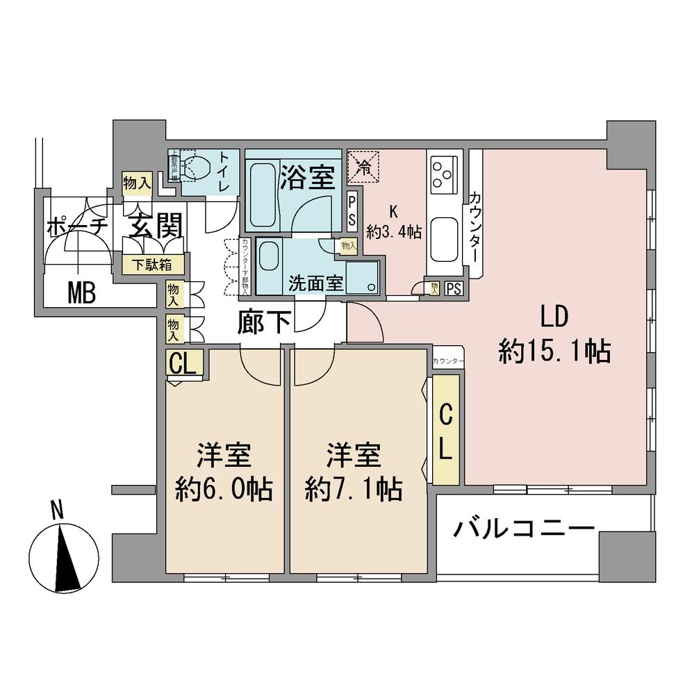 Floor plan. 2LDK, Price 64,900,000 yen, Occupied area 69.69 sq m , Balcony area 6.51 sq m floor plan