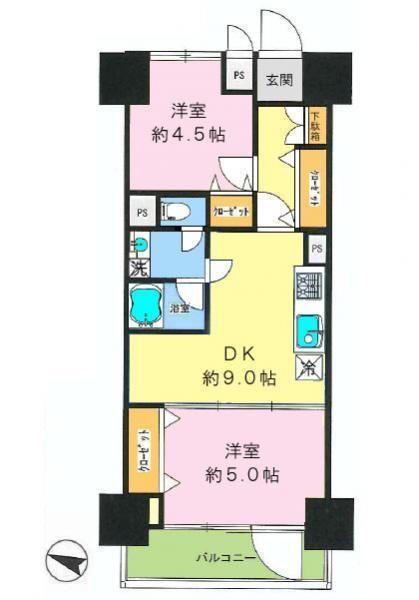 Floor plan. 2DK, Price 29,800,000 yen, Footprint 48.6 sq m , Balcony area 5.4 sq m floor plan