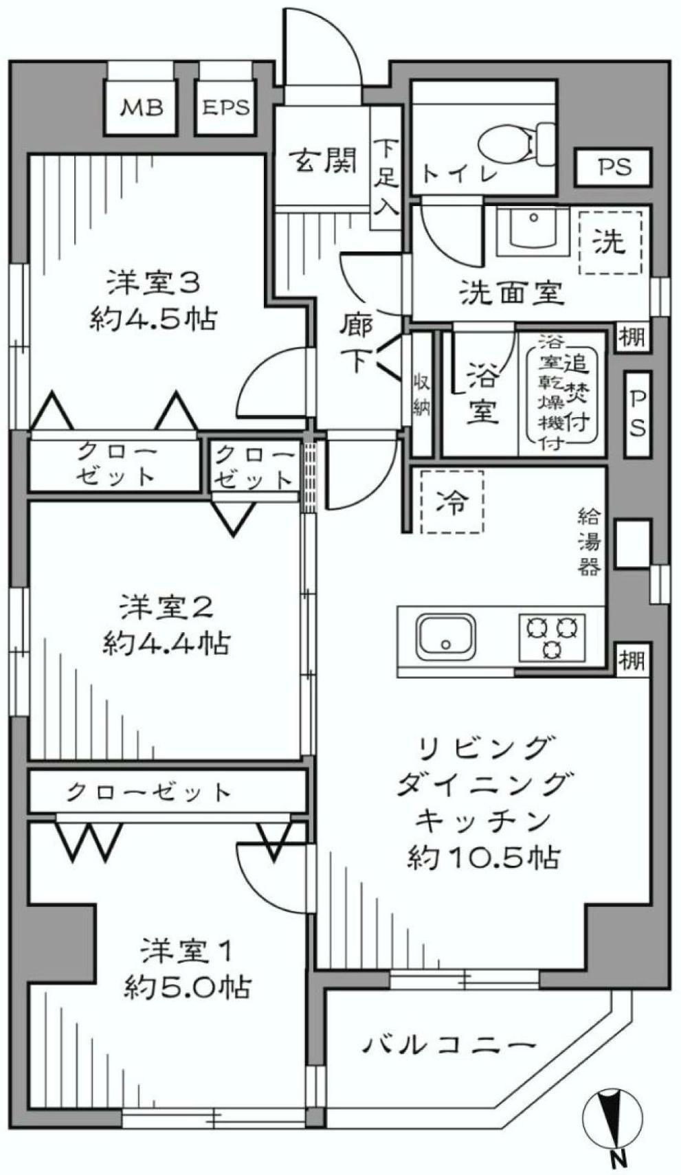 Floor plan. 3LDK, Price 34,800,000 yen, Occupied area 57.54 sq m , Balcony area 4.99 sq m