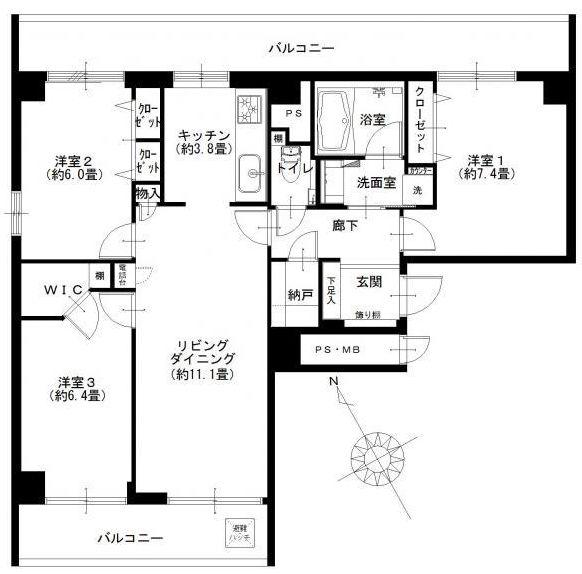Floor plan. 3LDK, Price 48,900,000 yen, Occupied area 77.75 sq m , Balcony area 21.18 sq m