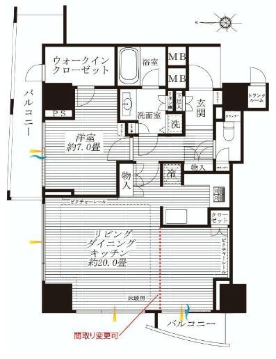 Floor plan. 1LDK, Price 67,900,000 yen, Footprint 65.4 sq m , Balcony area 11.16 sq m