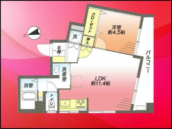 Floor plan. 1LDK, Price 16,990,000 yen, Footprint 39.8 sq m , Balcony area 7.7 sq m