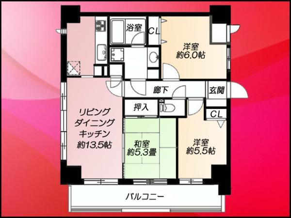 Floor plan. 3LDK, Price 38,800,000 yen, Occupied area 66.72 sq m , Balcony area 11.1 sq m