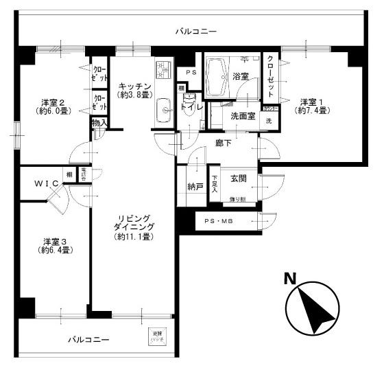 Floor plan. 3LDK, Price 48,900,000 yen, Occupied area 77.75 sq m , Balcony area 21.18 sq m