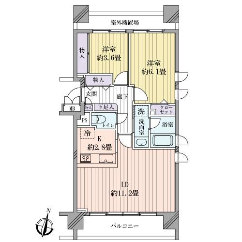 Floor plan. 2LDK, Price 38,800,000 yen, Occupied area 53.67 sq m , Balcony area 10.87 sq m