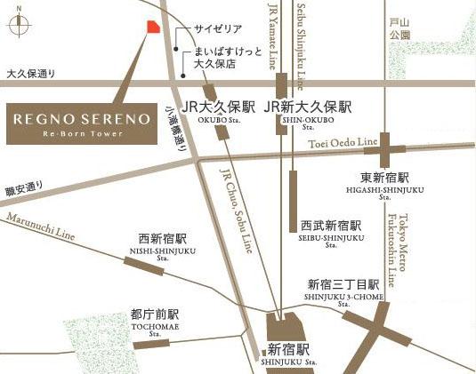 Local guide map. JR Central ・ Sobu Line "Okubo" Station 3-minute walk JR Yamanote Line "Shin-Okubo" station 7-minute walk Tokyo Metro Marunouchi Line "Shinjuku" station walk 16 minutes