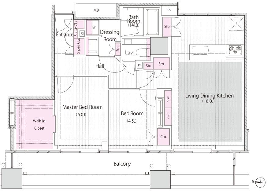 Floor plan. 2LDK, Price 59,300,000 yen, Occupied area 68.87 sq m , Balcony area 18.34 sq m