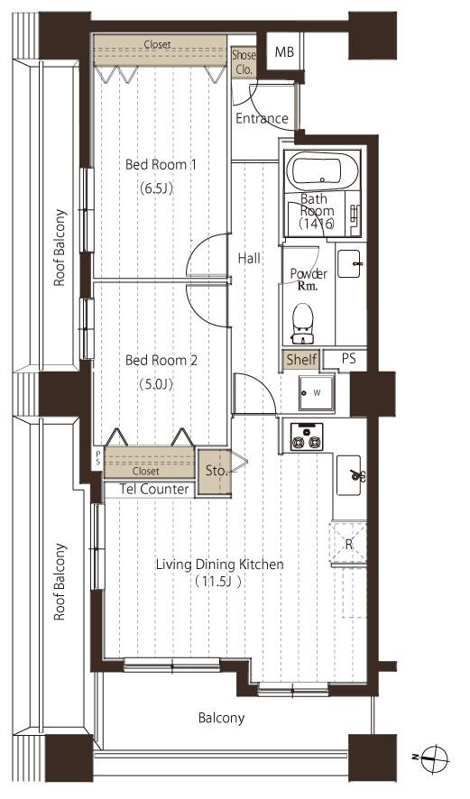 Floor plan. 2LDK, Price 45,600,000 yen, Occupied area 59.72 sq m , Balcony area 7.22 sq m