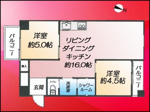 Floor plan. 2LDK, Price 25,800,000 yen, Occupied area 53.86 sq m , Balcony area 6.43 sq m
