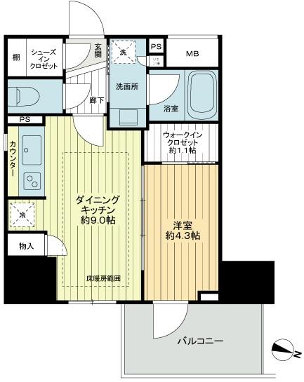 Floor plan. 1DK, Price 33,800,000 yen, Occupied area 36.55 sq m , Balcony area 6.3 sq m