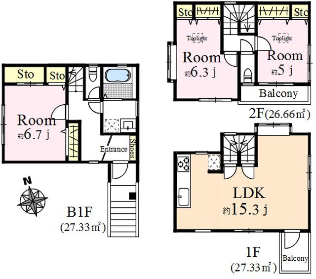 Floor plan. 51,800,000 yen, 3LDK, Land area 64.8 sq m , Building area 81.32 sq m