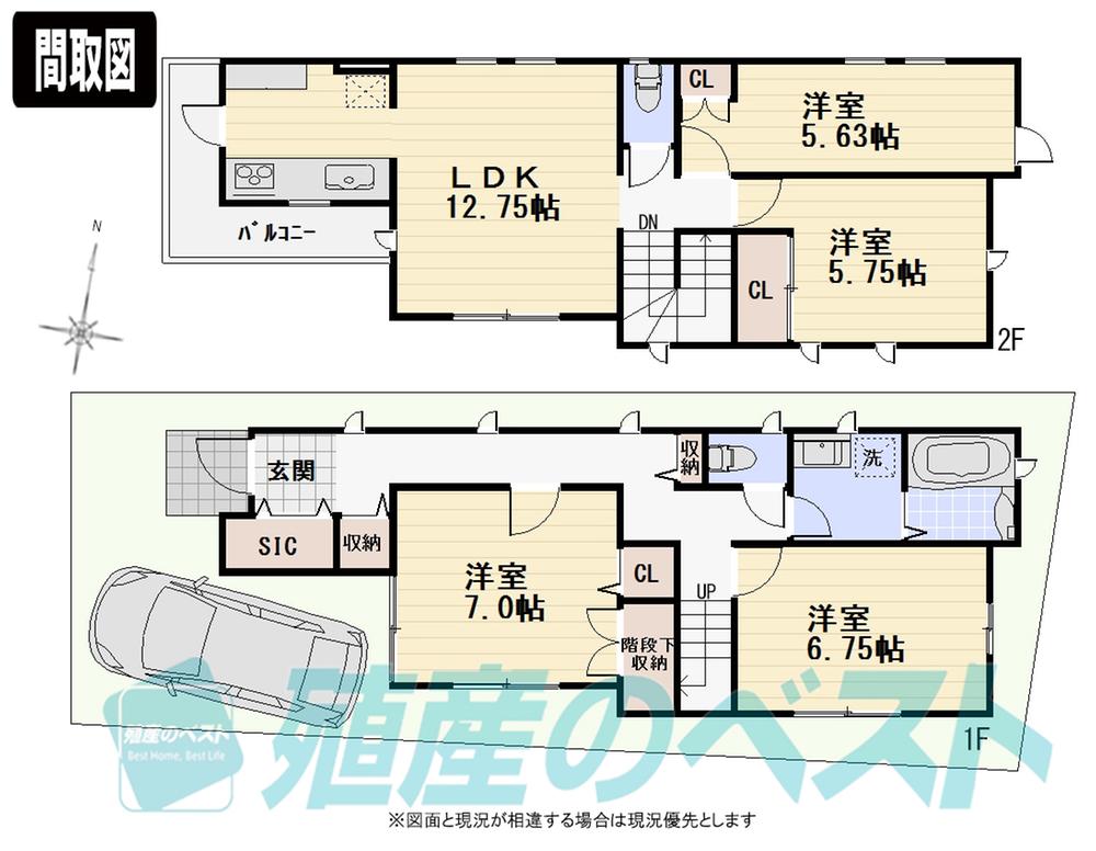 Compartment view + building plan example. Building plan example, Land price 46,500,000 yen, Land area 92.49 sq m , Building price 22,800,000 yen, Building area 99.57 sq m