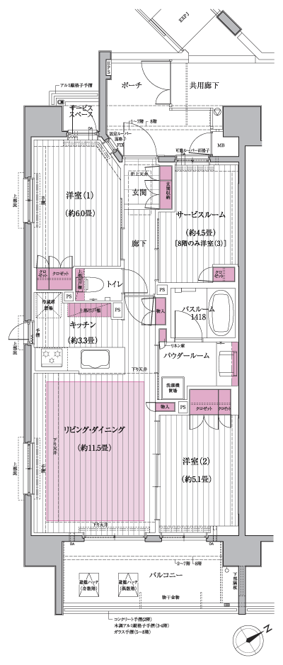 Floor: 2LDK + service room (2 ~ 7th floor) / 3LDK (8 floor), the occupied area: 65.24 sq m