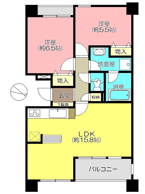 Floor plan. 2LDK, Price 38,500,000 yen, Occupied area 60.75 sq m , Balcony area 7.77 sq m