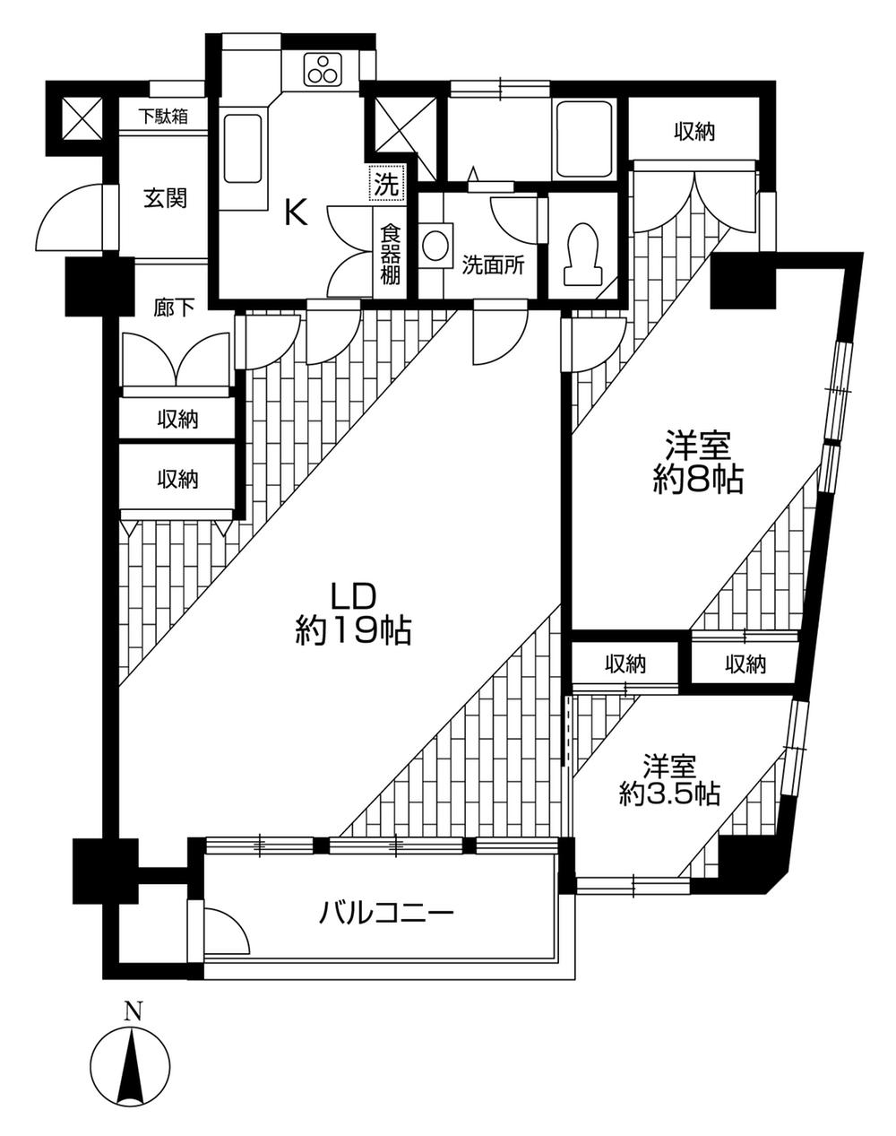 Floor plan. 2LDK, Price 38,500,000 yen, Occupied area 77.91 sq m , Balcony area 6.14 sq m