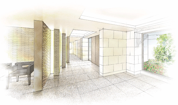 Shared facilities.  [Entrance Hall Renderings illustrations] The impress the space, 3 series of design wall that was piled up Buko border tile. Soft light is passed through from the interval of the watermark loading tile, Visitors, Along with the welcome warm and the people to return, Invite you to the back of the restful mansion.
