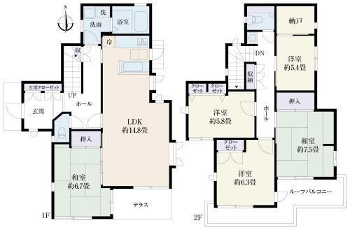 Floor plan. 80,800,000 yen, 5LDK + S (storeroom), Land area 143.52 sq m , Building area 111.94 sq m storage rich floor plan