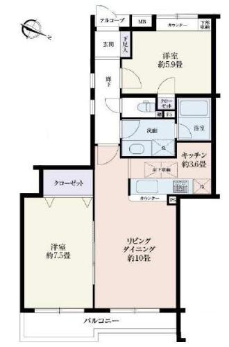 Floor plan. 2LDK, Price 41,800,000 yen, Occupied area 59.02 sq m , Balcony area 6.03 sq m