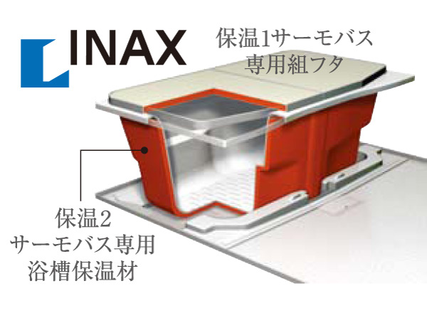 Bathing-wash room.  [INAX Samobasu] In double thermal insulation of dedicated lid and tub insulating material of, You can bathe at any time without having to worry about the shark difficult time hot water. (Conceptual diagram)