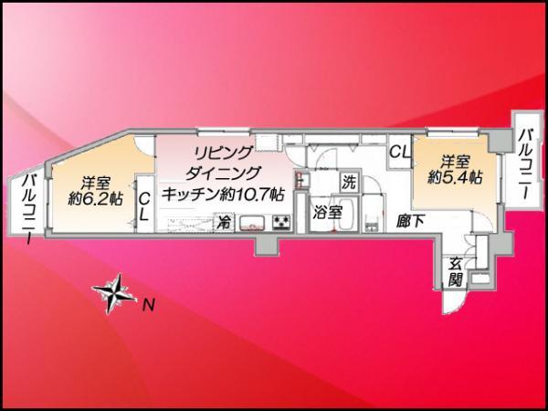Floor plan. 2LDK, Price 24,900,000 yen, Occupied area 56.53 sq m , Balcony area 8.4 sq m