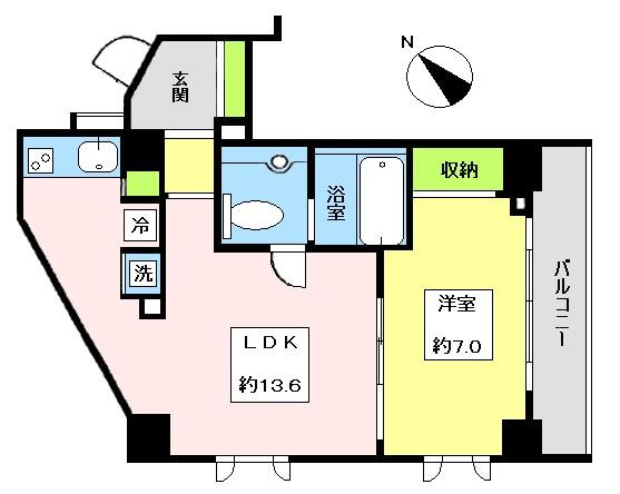 Floor plan. 1LDK, Price 24,980,000 yen, Footprint 46.6 sq m , Balcony area 6.24 sq m