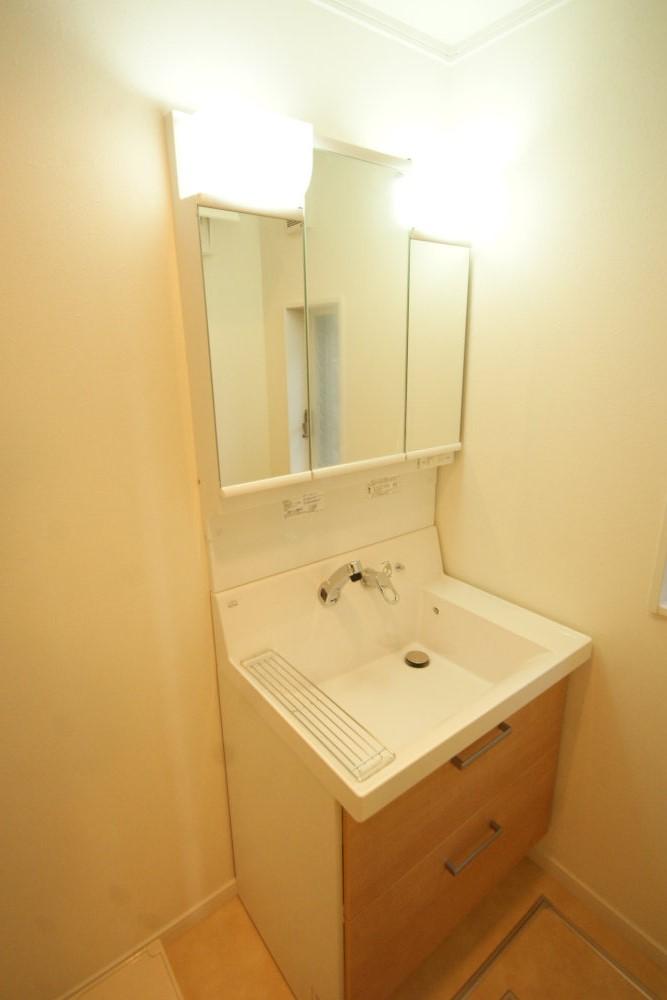 Wash basin, toilet. Shampoo is a dresser with a three-sided mirror vanity.