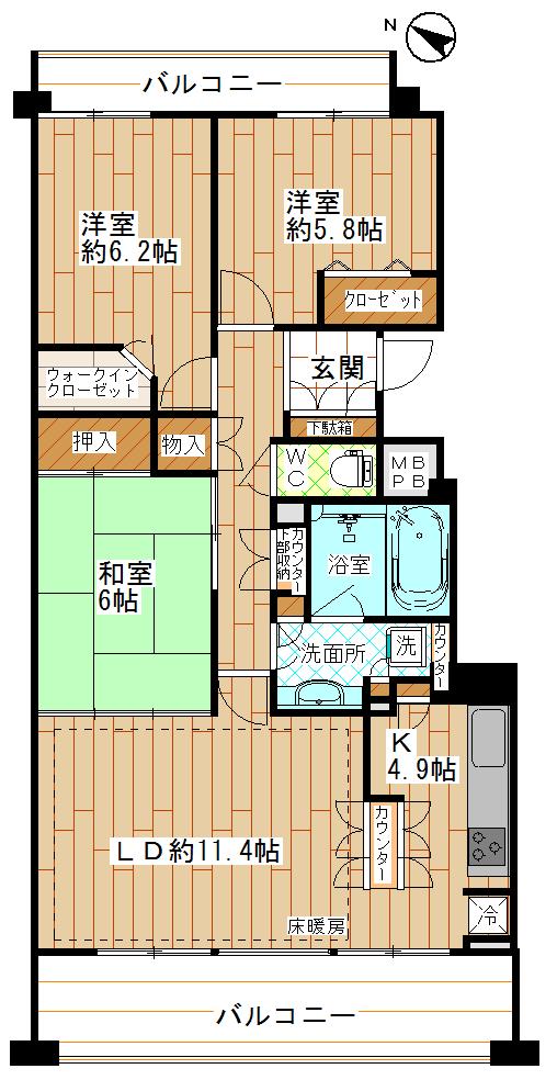Floor plan. 3LDK, Price 49,800,000 yen, Occupied area 78.74 sq m , Balcony area 19.71 sq m