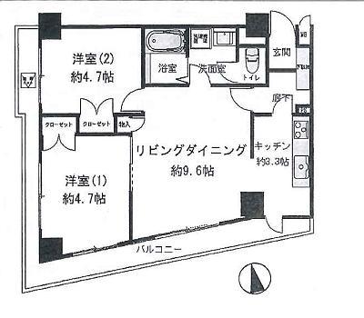Floor plan. 2LDK, Price 33,800,000 yen, Occupied area 56.47 sq m , Balcony area 15.5 sq m