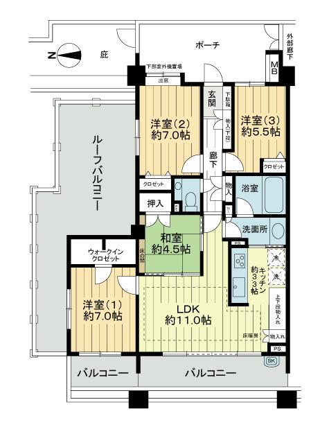 Floor plan. 4LDK, Price 63,800,000 yen, Footprint 90.4 sq m , Balcony area 19 sq m