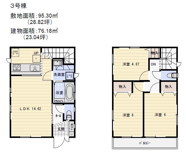 Floor plan. (3 Building), Price 51,800,000 yen, 3LDK, Land area 95.3 sq m , Building area 76.18 sq m