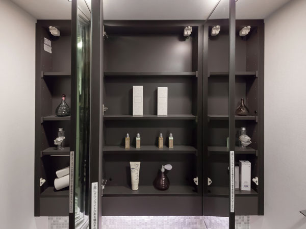 Bathing-wash room.  [Three-sided mirror back storage] The storage space provided on the back surface of the three-sided mirror, It is convenient to organize, such as cosmetics.