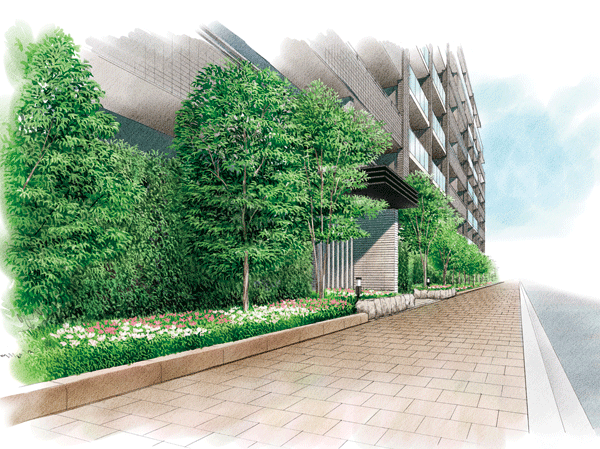 Features of the building.  [Interlocking] Kiwadate the sidewalk-like open spaces and the beauty of the building, which provided around the site. (Rendering Illustration)