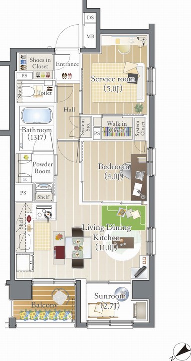 Other. C type floor plan furniture arrangement example ・ 1LDK + S footprint / 52.01 sq m balcony area / 3.99 sq m  ※ S = Service room (closet)
