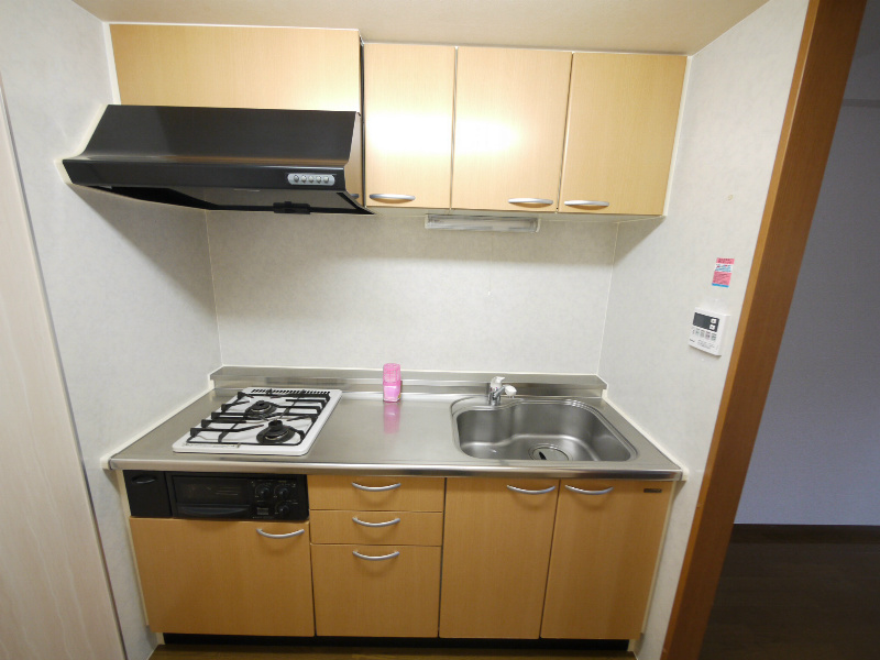 Kitchen. Clean system kitchen attached to the two-burner gas stove to grill