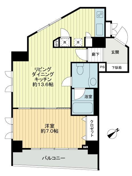 Floor plan. 1LDK, Price 24,980,000 yen, Footprint 46.6 sq m , Balcony area 6.24 sq m