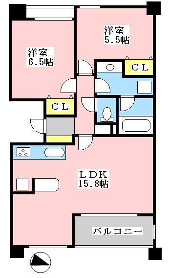 Floor plan. 2LDK, Price 38,500,000 yen, Occupied area 60.75 sq m , Balcony area 7.77 sq m