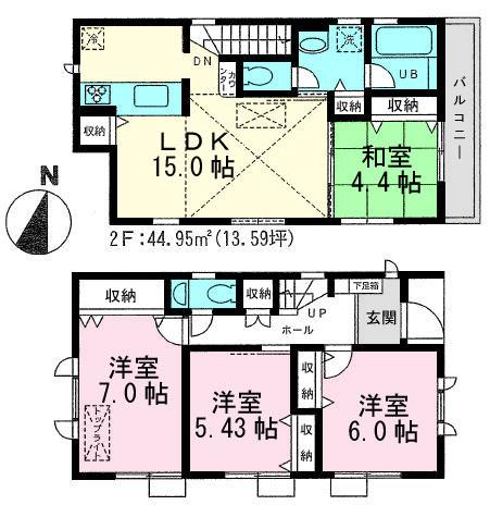 Floor plan. 48,800,000 yen, 3LDK+S, Land area 78.06 sq m , Building area 89.88 sq m