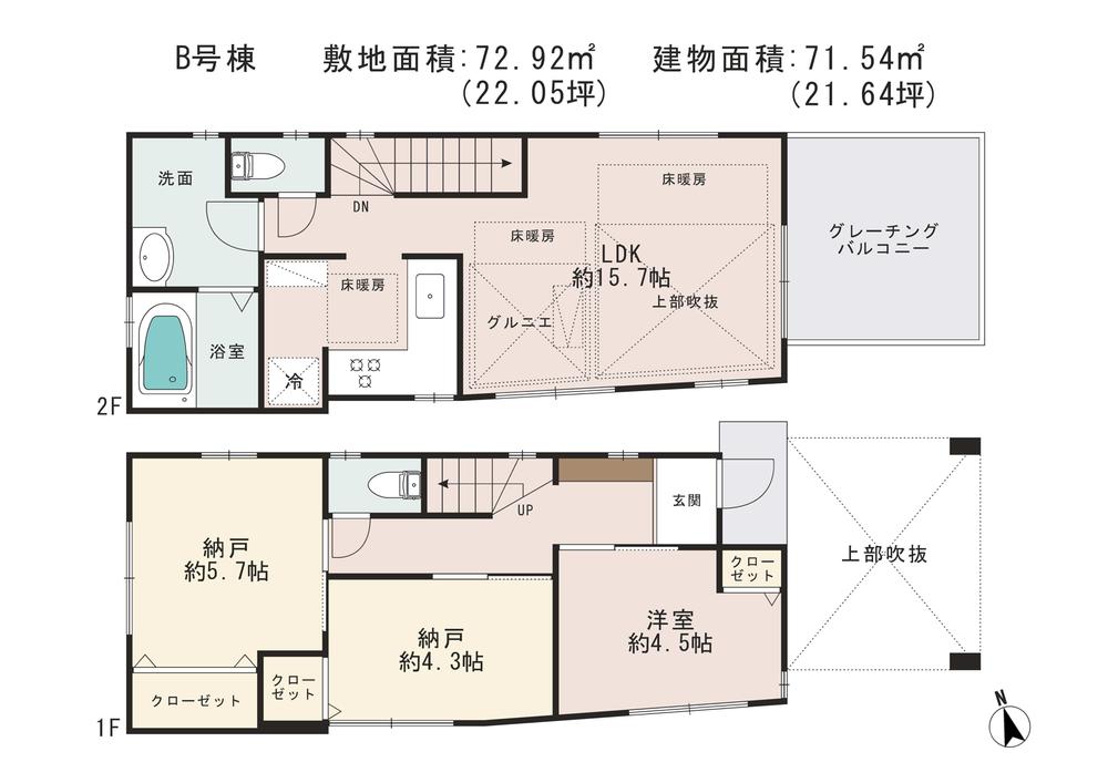 Floor plan. (B Building), Price 46,800,000 yen, 3LDK, Land area 72.92 sq m , Building area 71.54 sq m